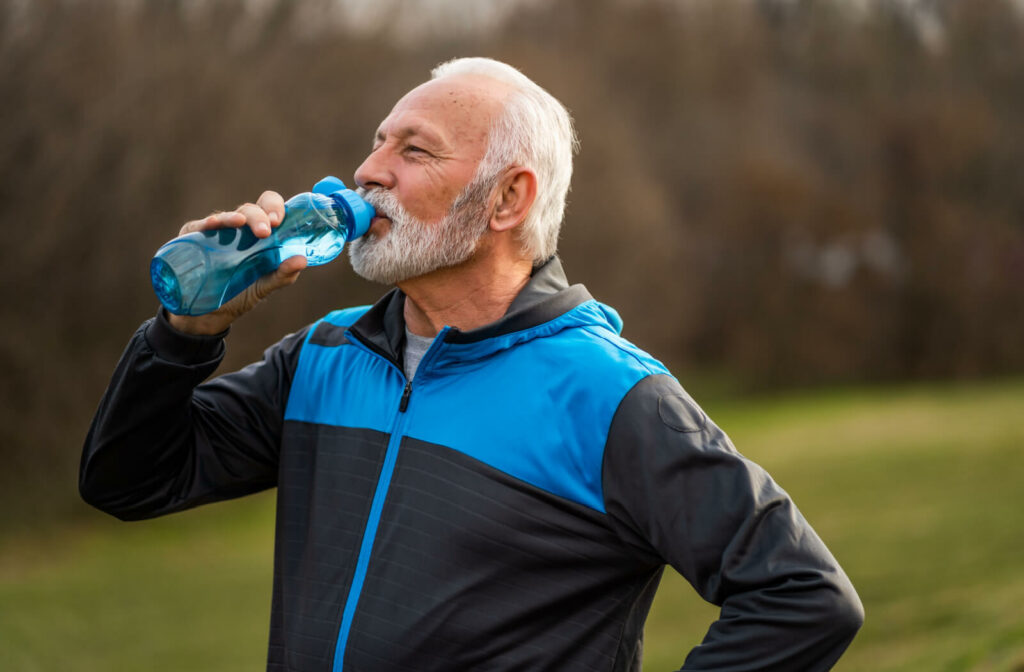 A senior man outdoors is drinking plenty of water after a morning exercise to keep hydrated and fit. Exercising and drinking sufficient water can boost metabolism.