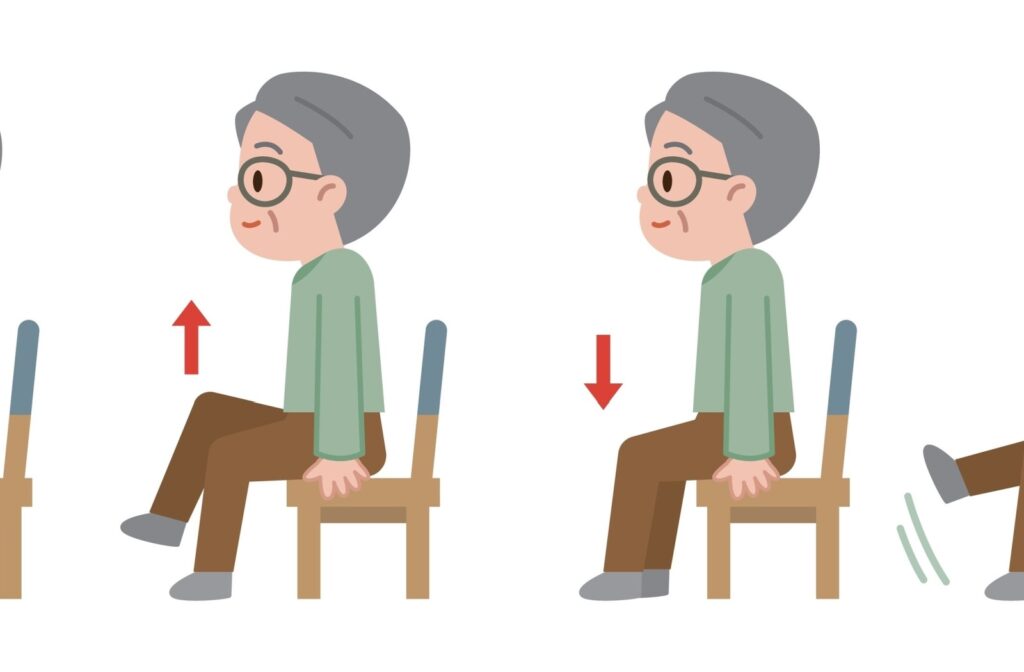 An illustration of a senior exercising using a chair.