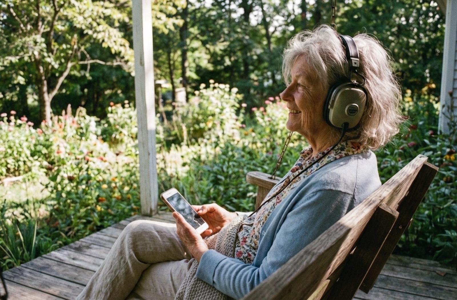 a senior sits on a porch listening to music on headphones playing from a cellphone