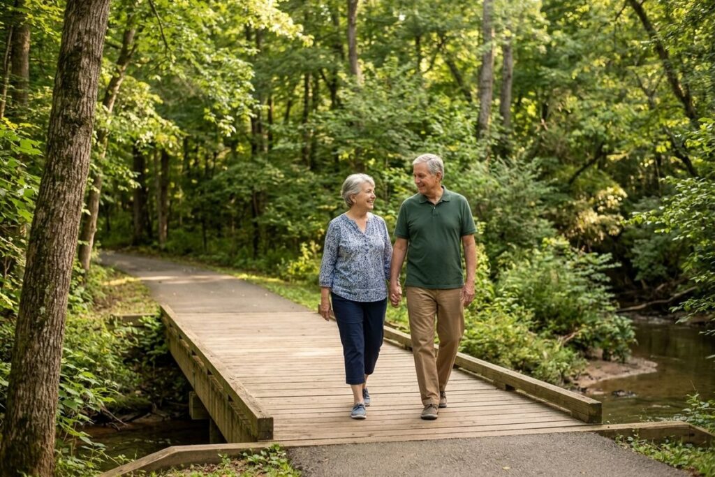 Two older adults smile and hold hands as they walk across a wooden footbridge in a lush green forest.