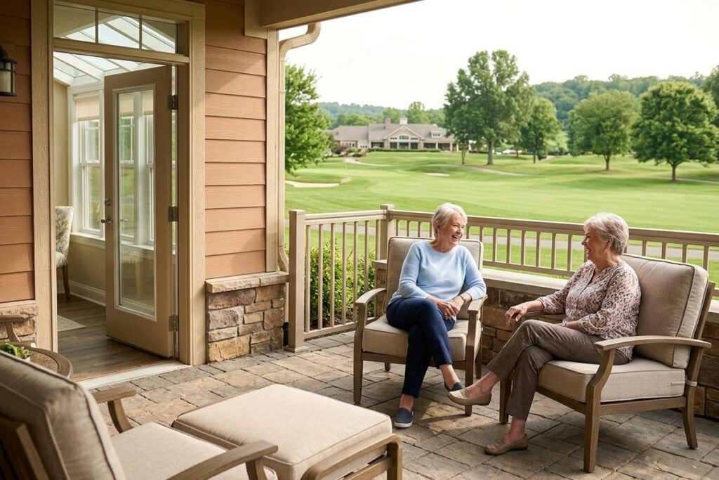 Two older adults talk and smile in lounge chairs on a patio overlooking a green golf course.