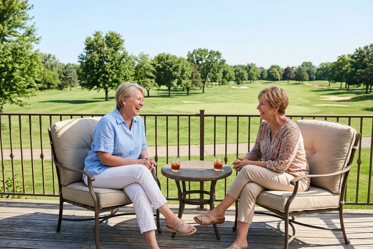 Two seniors sit smiling and talking on a deck overlooking a golf course, with drinks on a small table between them.