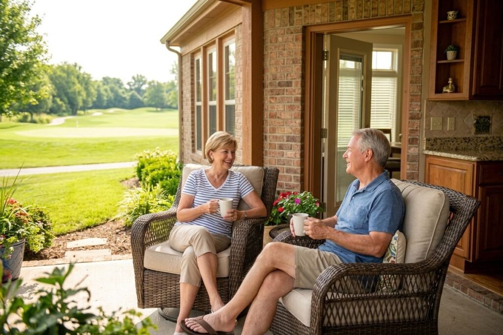 Two seniors sit in wicker chairs on a covered patio holding mugs and looking at each other, with a green lawn in the background.